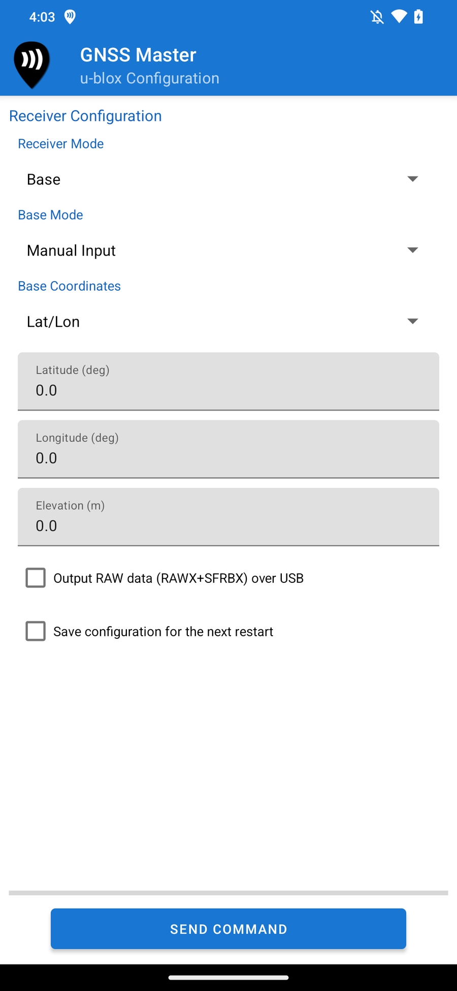 Configuración de entrada manual de u-blox Base