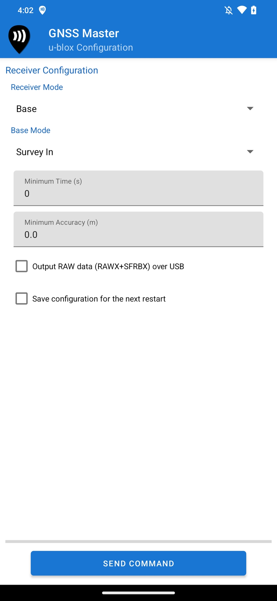 u-blox Base Survey en configuración